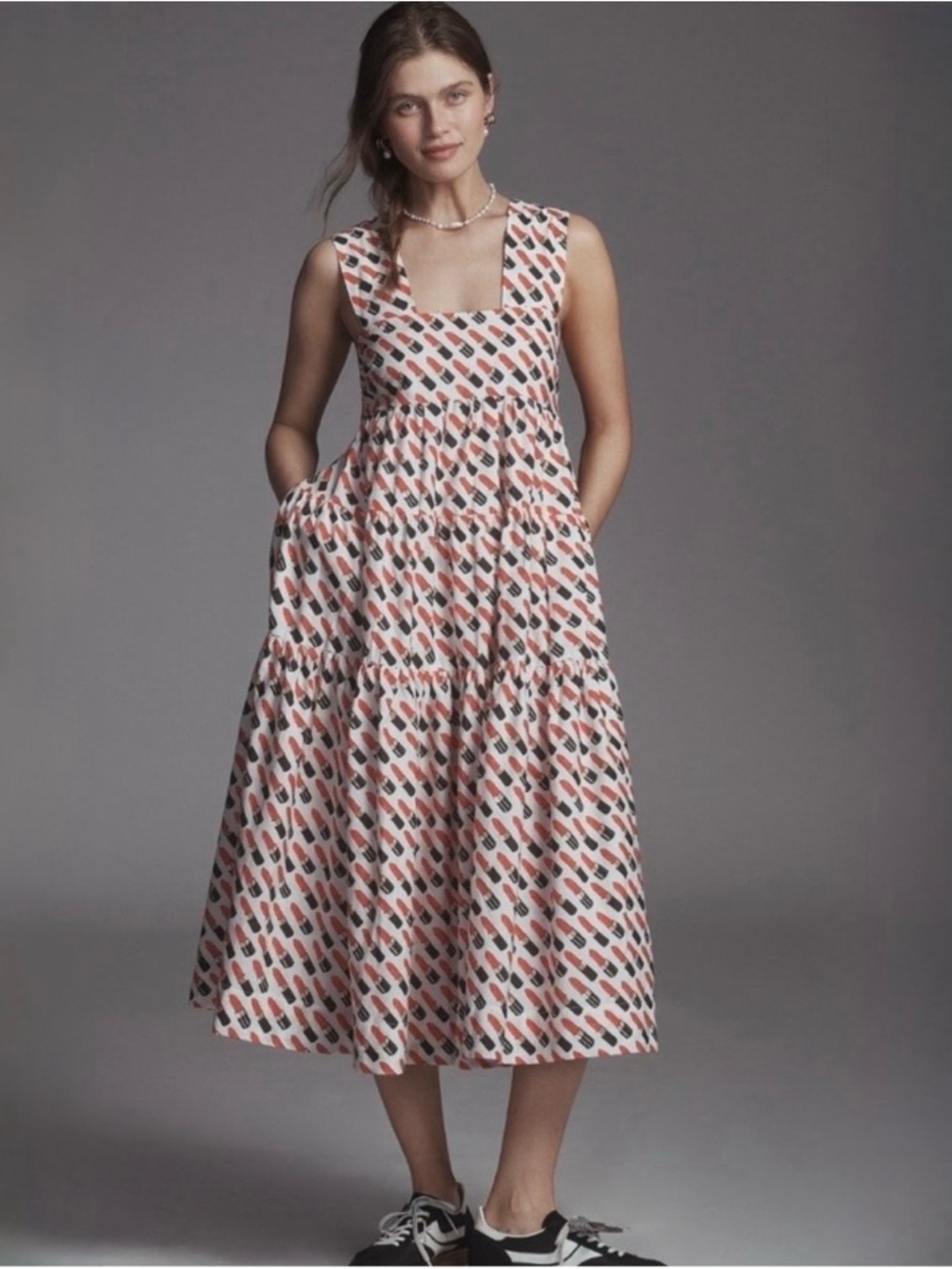 The Helena Square-Neck Smocked Tiered Midi Lipstick Dress NWT